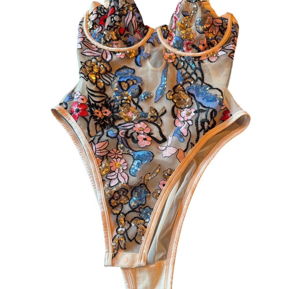 Playful Promises Bodysuit Cream Floral Embroidered Sequin Underwire Mesh 32G - Picture 3 of 6